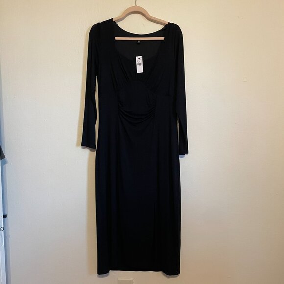 Express | Black Sweetheart Neckline Long Sleeve Ruched Side Slit Midi Dress L - Picture 5 of 10